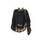 Black distressed sweatshirt layered over yellow plaid flannel with brown cargo pants, product photo 6