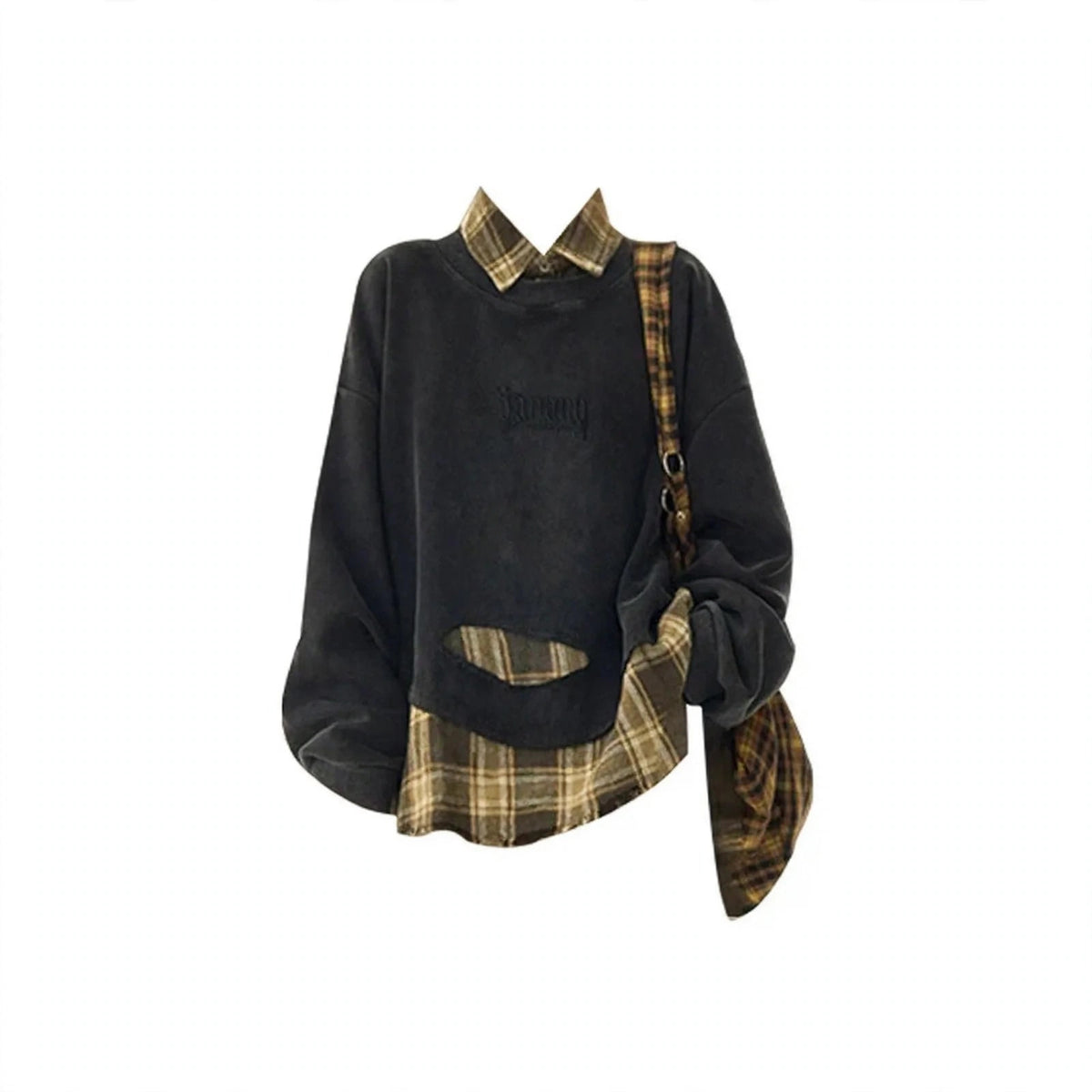 Black distressed sweatshirt layered over yellow plaid flannel with brown cargo pants, product photo 6