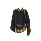 Black distressed sweatshirt layered over yellow plaid flannel with brown cargo pants, product photo 8