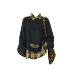 Black distressed sweatshirt layered over yellow plaid flannel with brown cargo pants, product photo 10