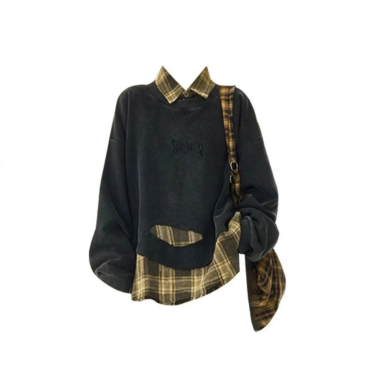 Black distressed sweatshirt layered over yellow plaid flannel with brown cargo pants, product photo 10