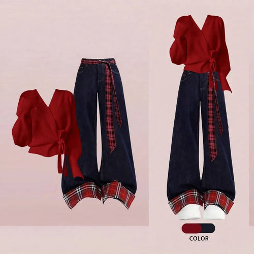 Red Wrap Top and Plaid Cuff Wide Leg Jeans Set, main two-panel image with the red wrap knit top and dark wide-leg jeans with red plaid cuffs in flat lay and styled on a model