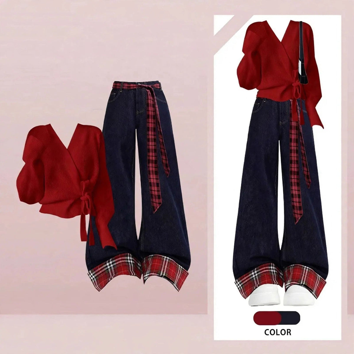 Red Wrap Top and Plaid Cuff Wide Leg Jeans Set, styled outfit graphic showing the flat lay, plaid details and color swatches