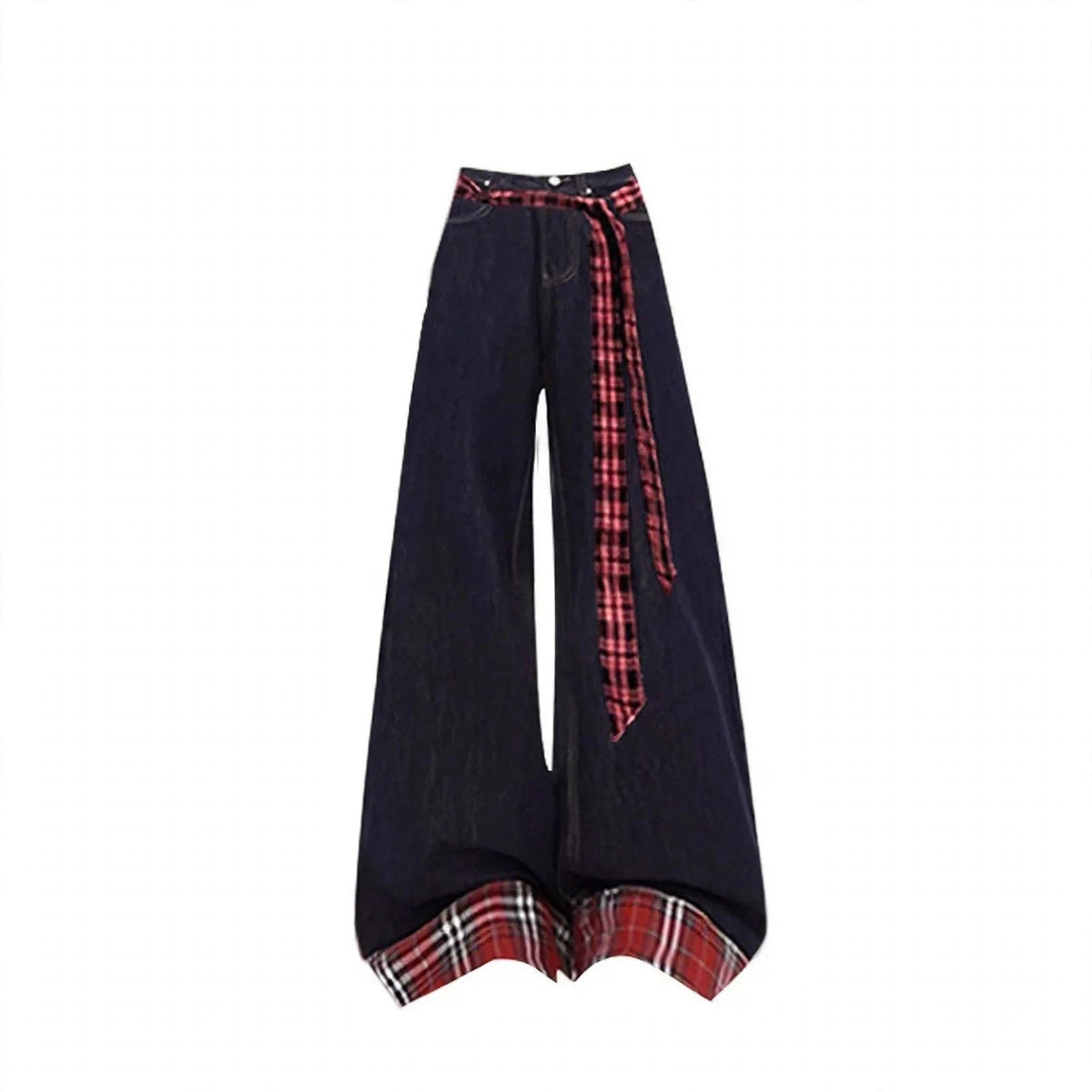 Red Wrap Top and Plaid Cuff Wide Leg Jeans Set, close-up of the dark wide-leg jeans with the red plaid sash belt
