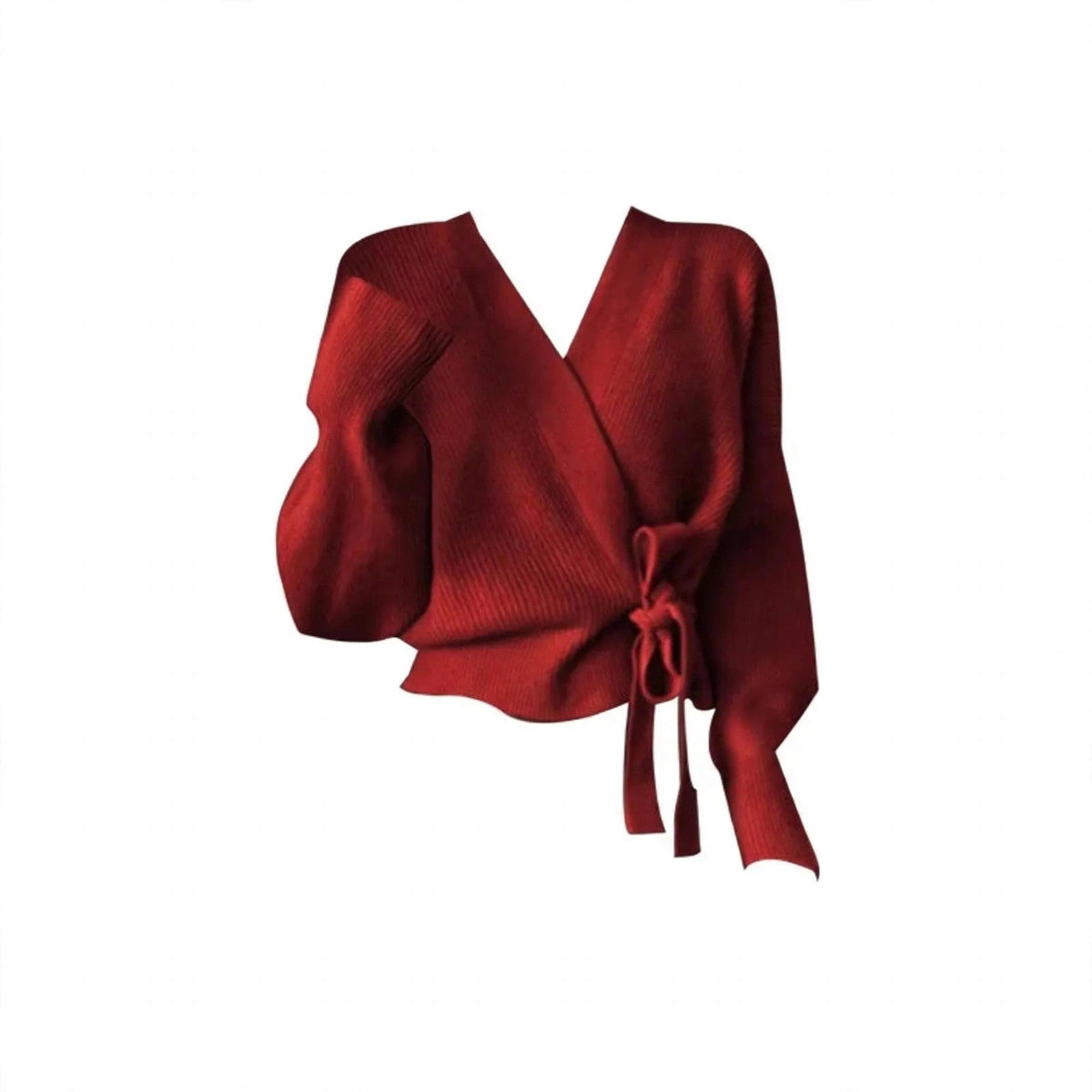 Red Wrap Top and Plaid Cuff Wide Leg Jeans Set, detail view of the red wrap knit top with puff sleeves