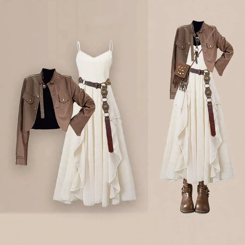 Brown Leather Jacket and White Ruffle Dress Set, main two-panel image with the brown cropped leather jacket and white ruffle strap maxi dress shown in flat lay and styled on a model with boots and a statement belt