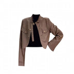 Brown Leather Jacket and White Ruffle Dress Set, close-up of the brown cropped leather jacket with button details