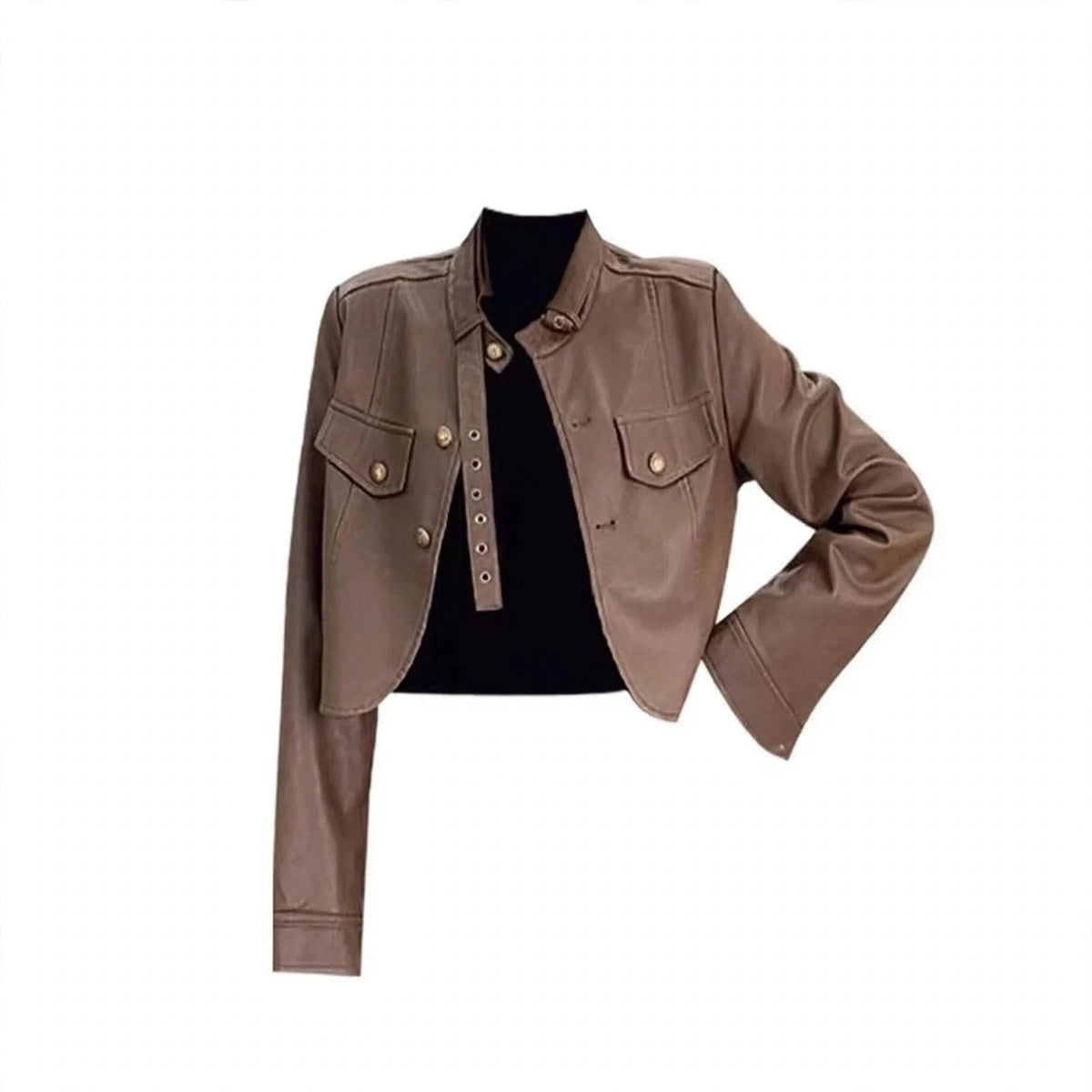 Brown Leather Jacket and White Ruffle Dress Set, close-up of the brown cropped leather jacket with button details