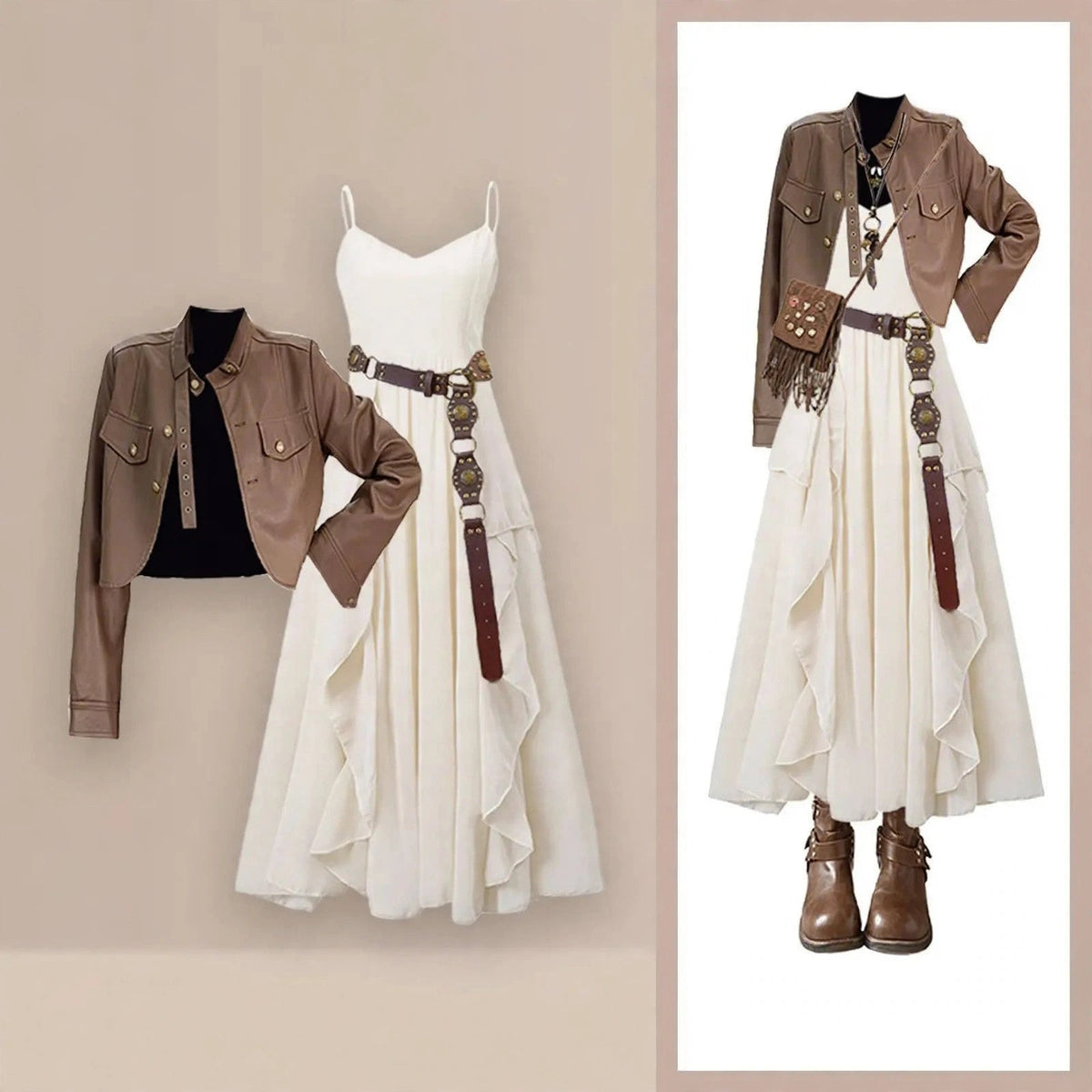 Brown Leather Jacket and White Ruffle Dress Set, styled outfit graphic showing the jacket, dress, belt and boots together