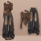 Brown off-shoulder knit top with wide leg jeans, product photo 6