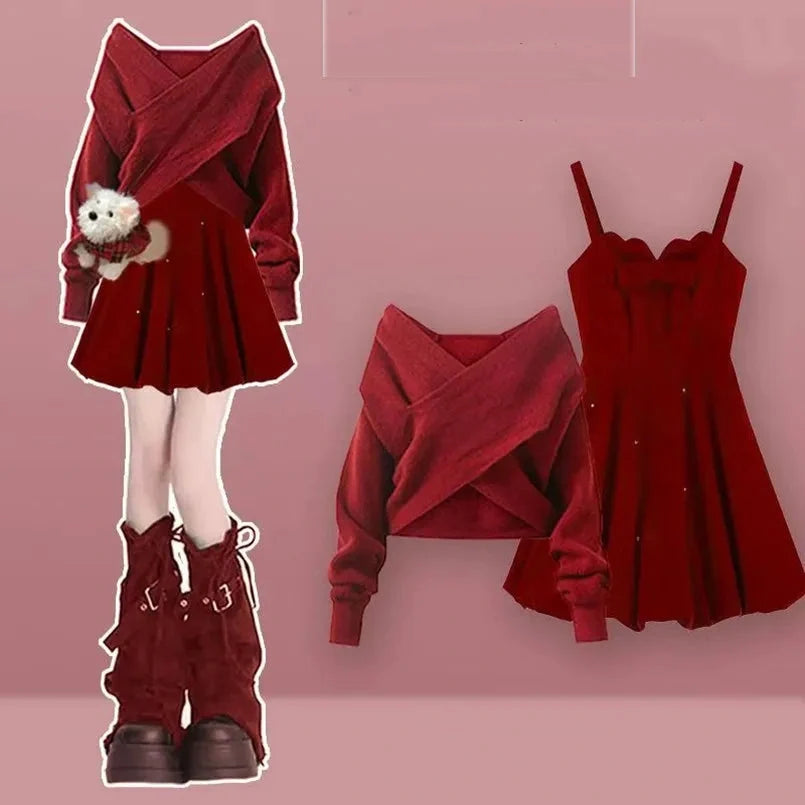 Red coquette knit wrap sweater and cami dress set, full outfit front view