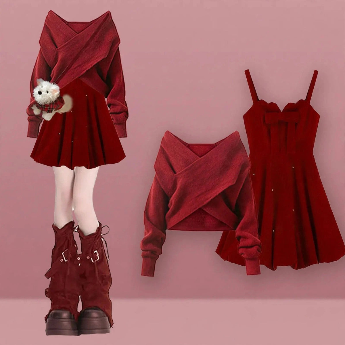 Red coquette knit wrap sweater and cami dress set, product photo 6