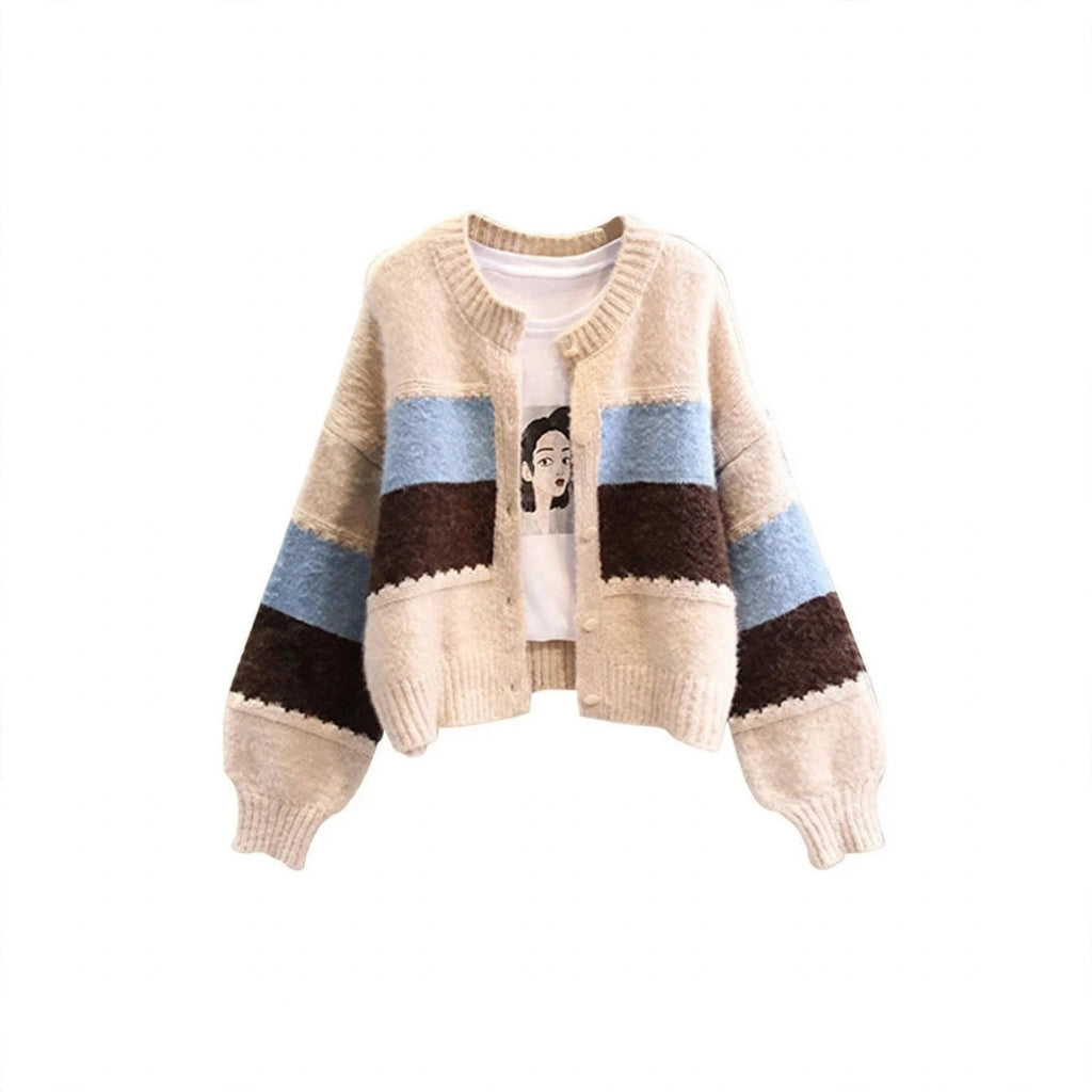 Colorblock Knit Cardigan and Plaid Pants Set, cream blue and brown colorblock knit cardigan, flat lay front view