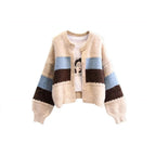 Colorblock Knit Cardigan and Plaid Pants Set, cream blue and brown colorblock knit cardigan, flat lay front view