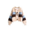 Colorblock Knit Cardigan and Plaid Pants Set, colorblock knit cardigan, flat lay alternate view