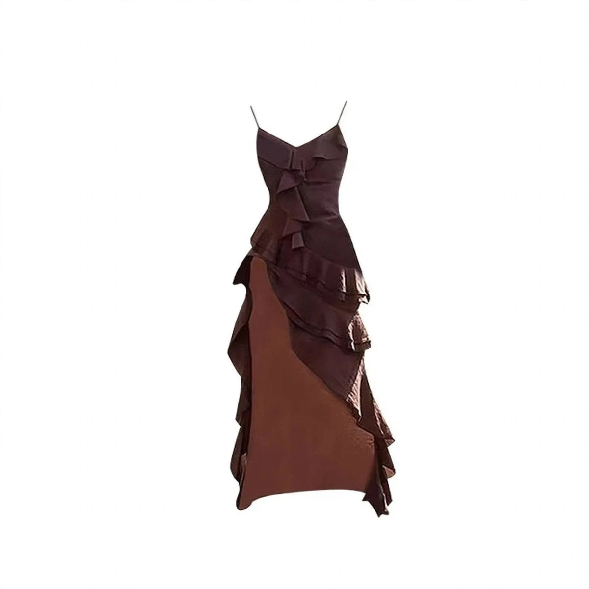Brown Ruffle Cami Top and Wide Leg Jeans Set, dark brown ruffled cami top with spaghetti straps, flat lay