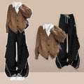 Camel Cardigan Shirt and Black Cargo Pants Set