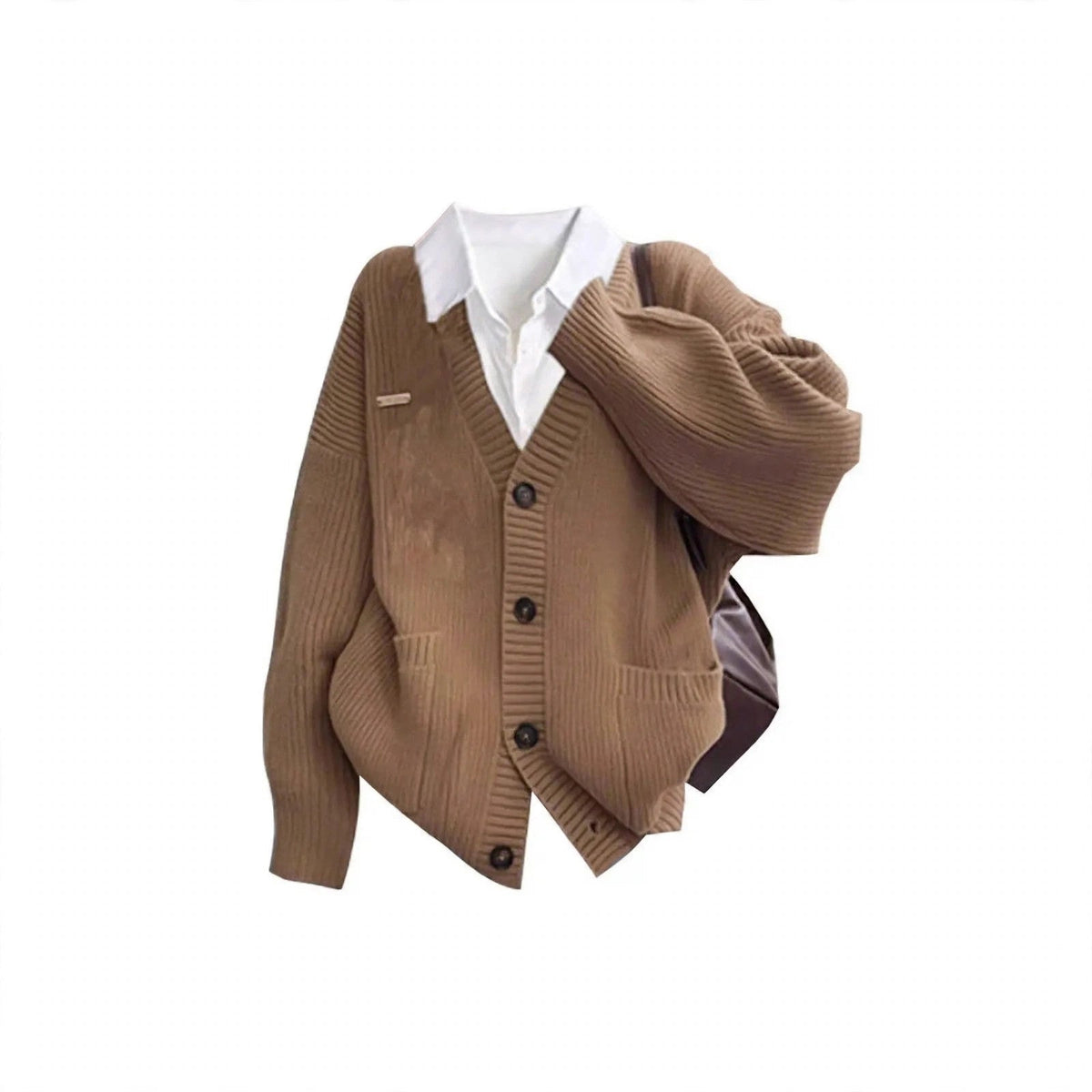 Camel Cardigan Shirt and Black Cargo Pants Set, camel knit cardigan layered over white shirt flat lay