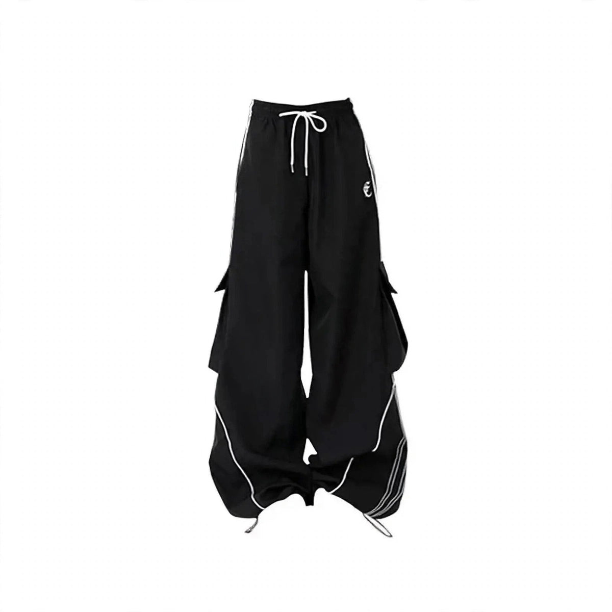 Camel Cardigan Shirt and Black Cargo Pants Set, black wide-leg cargo pants with white drawstring and side pockets