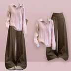 Pink Cable Knit Sweater and Brown Wide Leg Pants Set, pink cable knit sweater with brown wide leg pants outfit layout alternate view