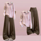 Pink Cable Knit Sweater and Brown Wide Leg Pants Set, pink cable knit sweater with brown wide leg pants outfit layout close view