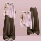 
Pink fake two-piece v-neck sweater + coffee wide-leg pants a8262