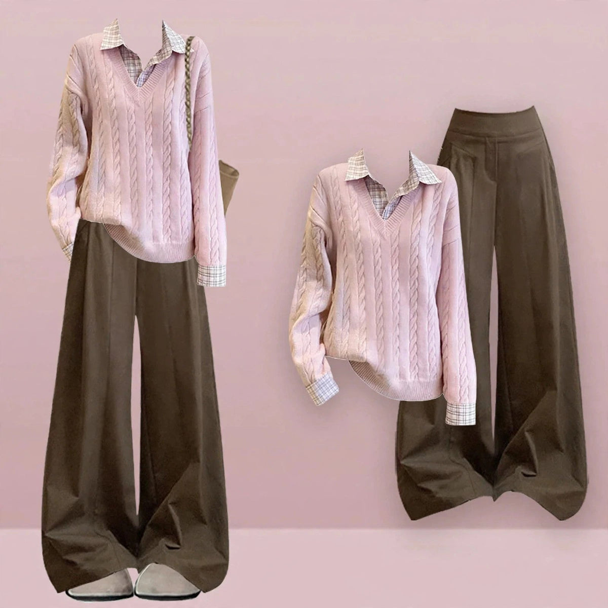 Pink Cable Knit Sweater and Brown Wide Leg Pants Set, pink cable knit sweater with brown wide leg pants outfit layout with styling notes