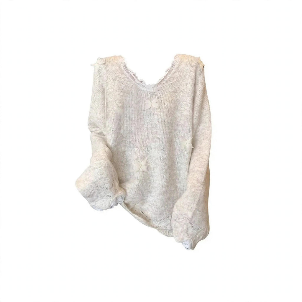 White Lace Trim Knit Top and Gray Pants Set, white distressed lace trim knit top product shot on white background