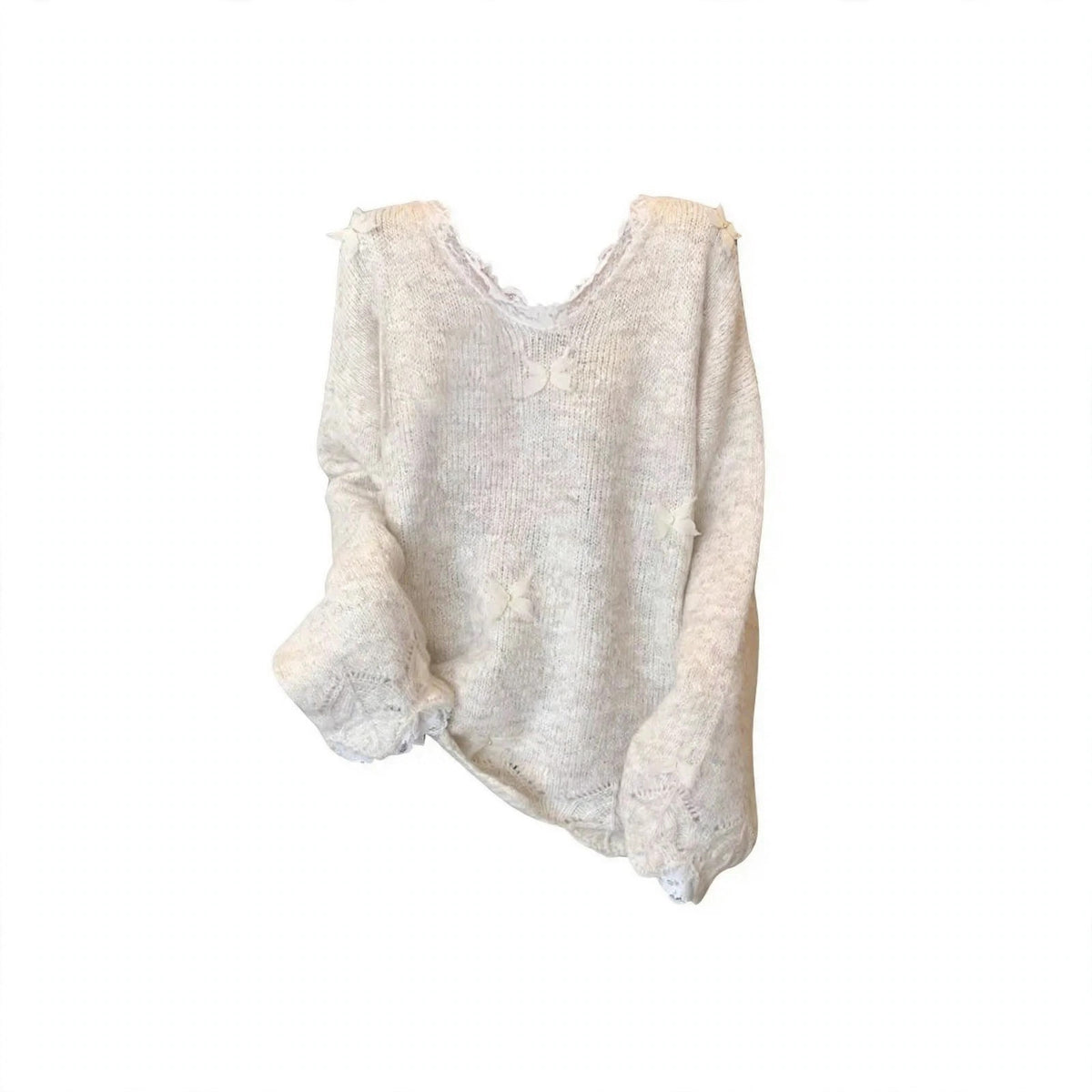 White Lace Trim Knit Top and Gray Pants Set, white distressed lace trim knit top product shot on white background