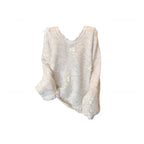 White Lace Trim Knit Top and Gray Pants Set, white distressed knit top with bow and lace trim product shot