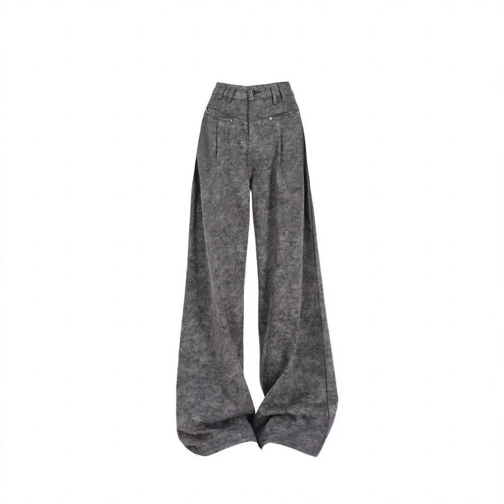 White Lace Trim Knit Top and Gray Pants Set, gray wide leg pants product shot on white background