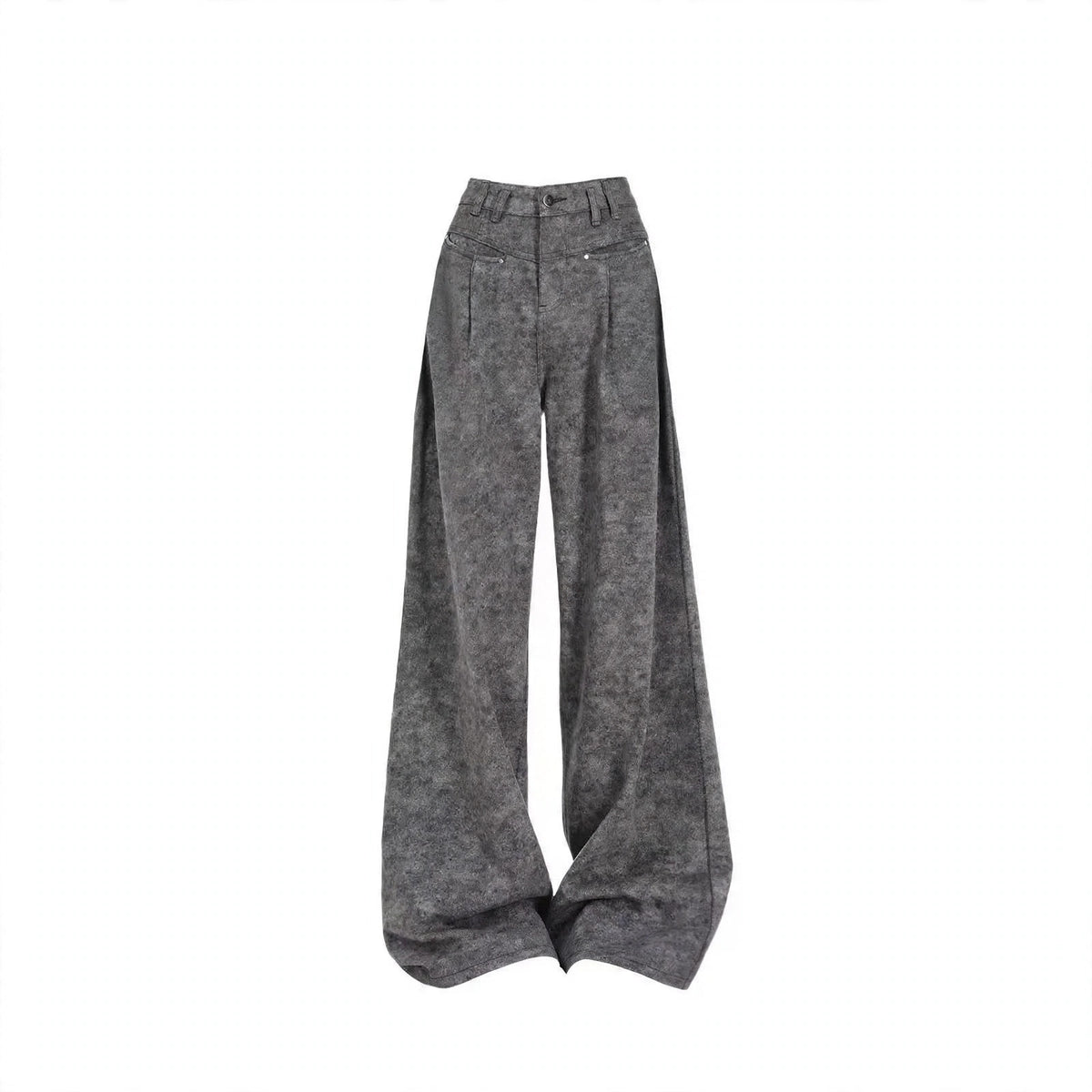 White Lace Trim Knit Top and Gray Pants Set, gray wide leg pants product shot on white background