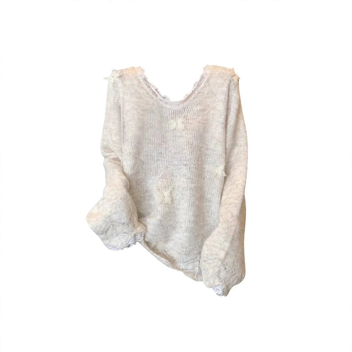 White Lace Trim Knit Top and Gray Pants Set, white distressed knit top with lace trim and bow detail product shot