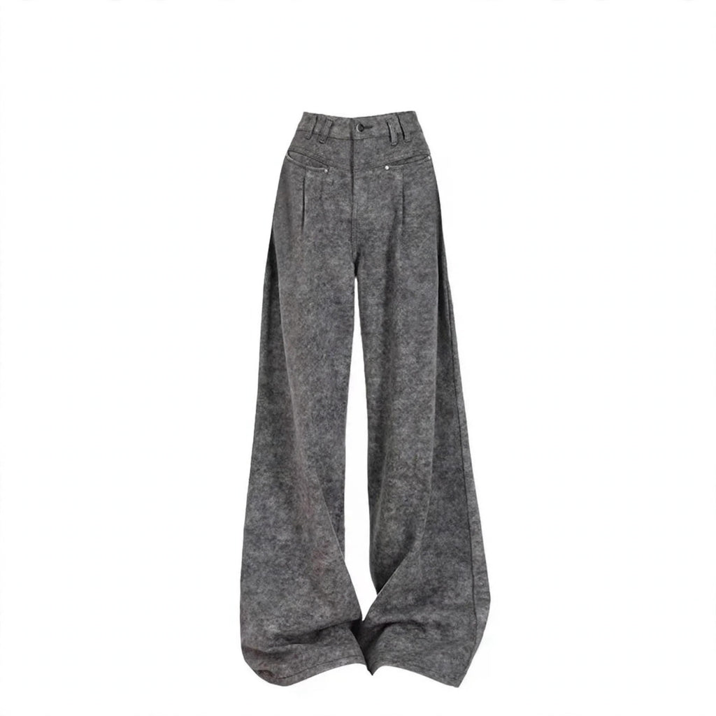 Burgundy Wrap Top and Gray Wide Leg Pants Set, gray wide leg pants close up product shot