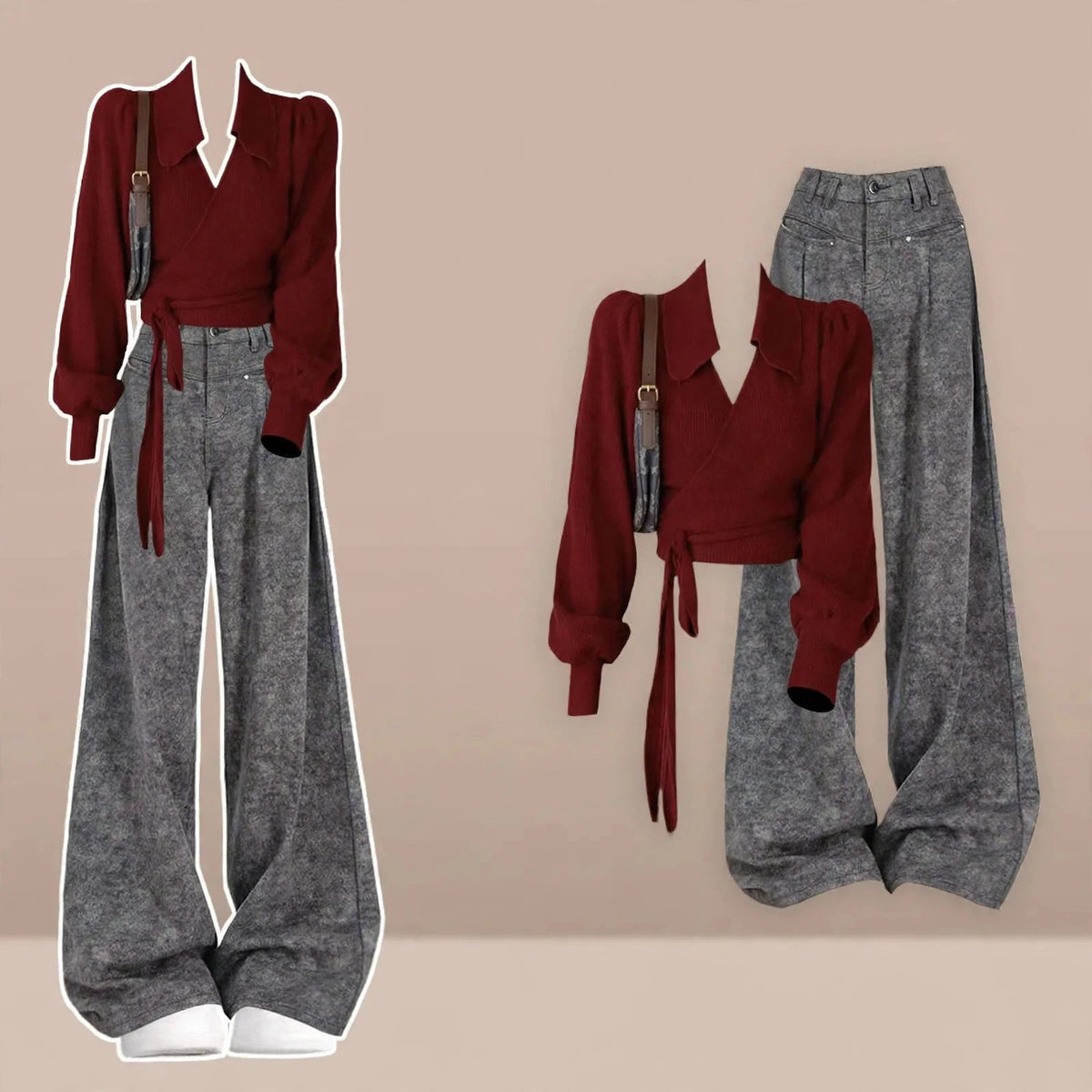 Burgundy Wrap Top and Gray Wide Leg Pants Set, burgundy wrap top with gray wide leg pants styled outfit layout