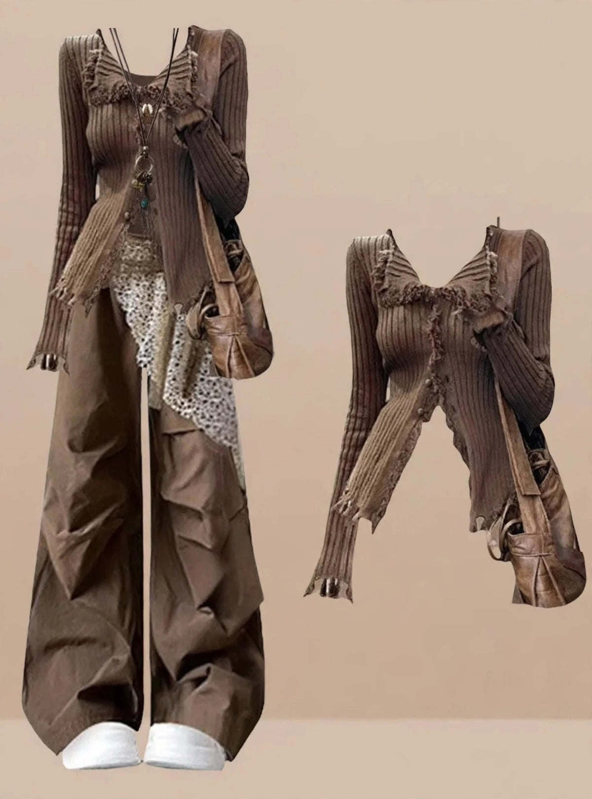Brown Bohemian Tassel Knit Set, model in the ribbed tassel sweater with lace-panel pants, sweater shown separately