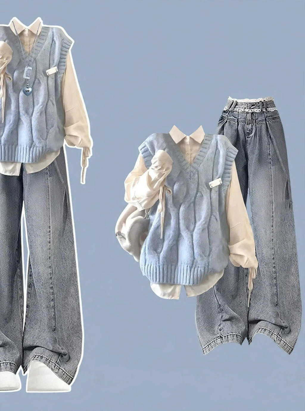 Blue Cable Knit Vest Shirt and Jeans Set, three-piece flat lay of cable knit vest over cream shirt with wide-leg jeans