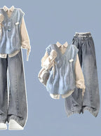 Blue Cable Knit Vest Shirt and Jeans Set, three-piece flat lay of cable knit vest over cream shirt with wide-leg jeans