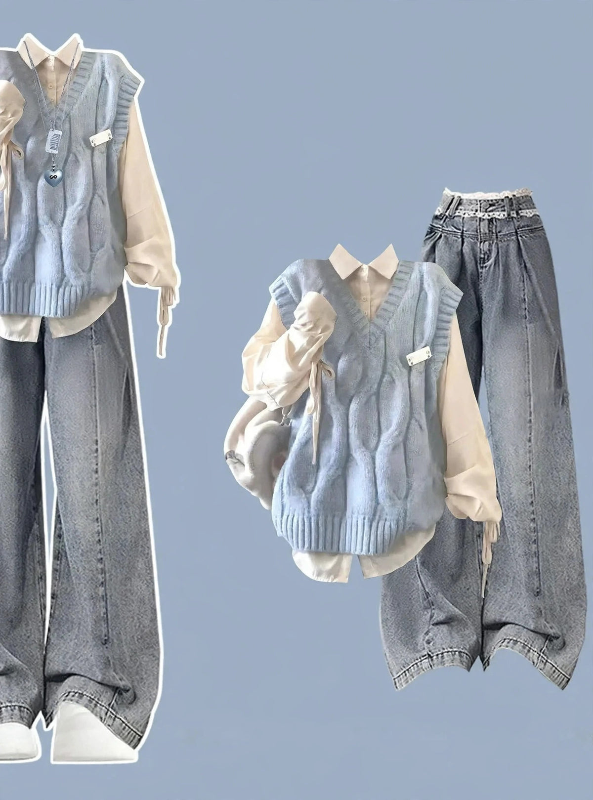 Blue Cable Knit Vest Shirt and Jeans Set, three-piece flat lay of cable knit vest over cream shirt with wide-leg jeans
