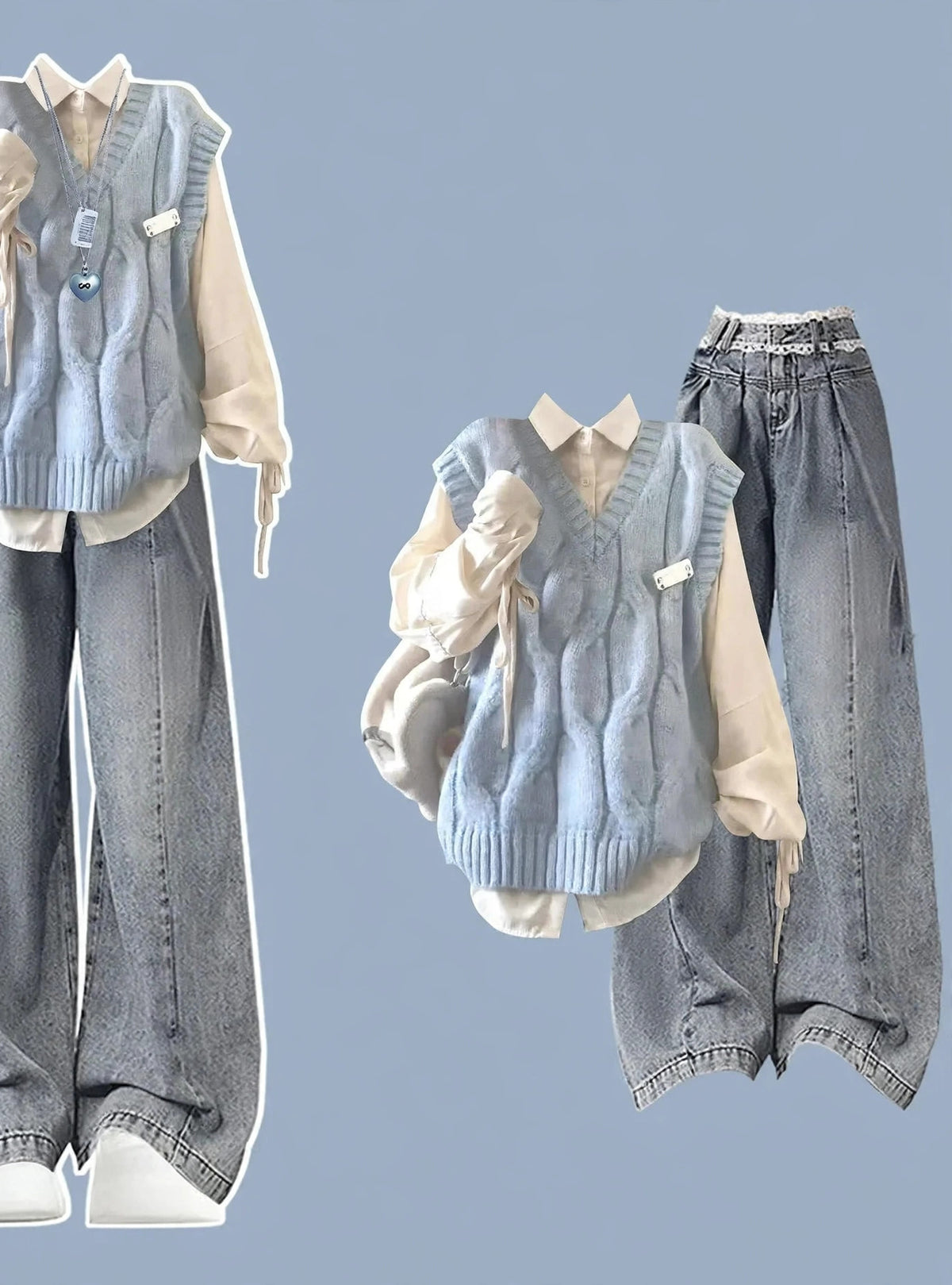 Blue Cable Knit Vest Shirt and Jeans Set, cable knit vest over cream shirt and light-wash wide-leg jeans flat lay
