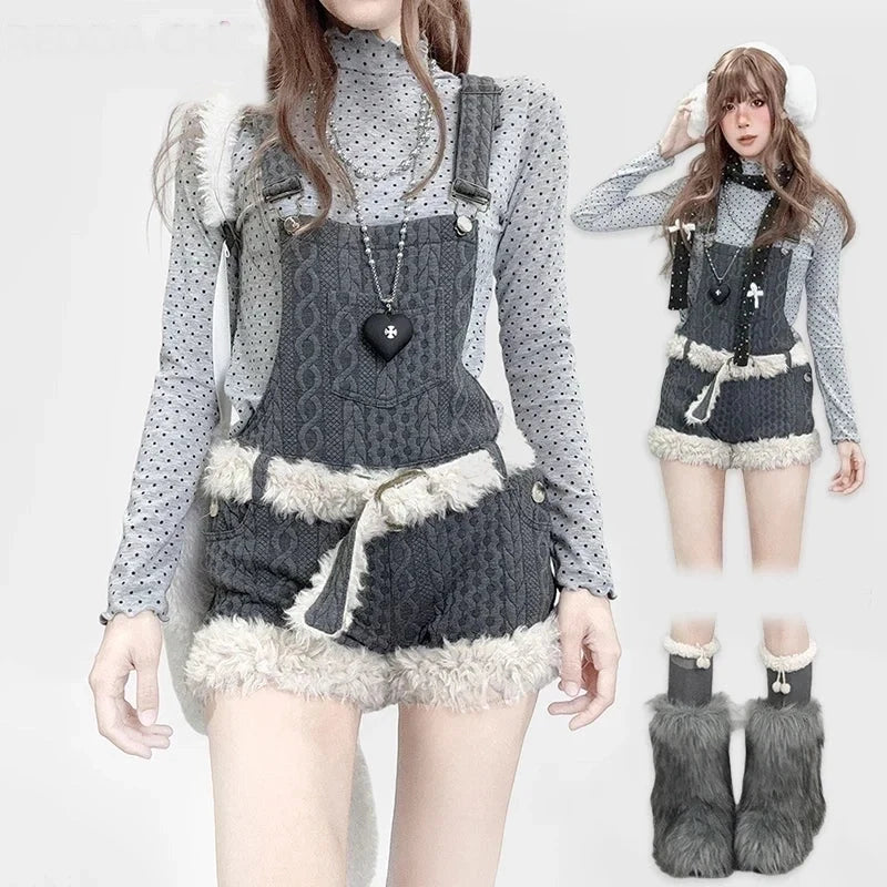 Gray Y2K furry knit shortalls set with polka dot turtleneck, white faux fur trim