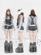 Gray Y2K furry knit shortalls set with polka dot turtleneck, product photo 9