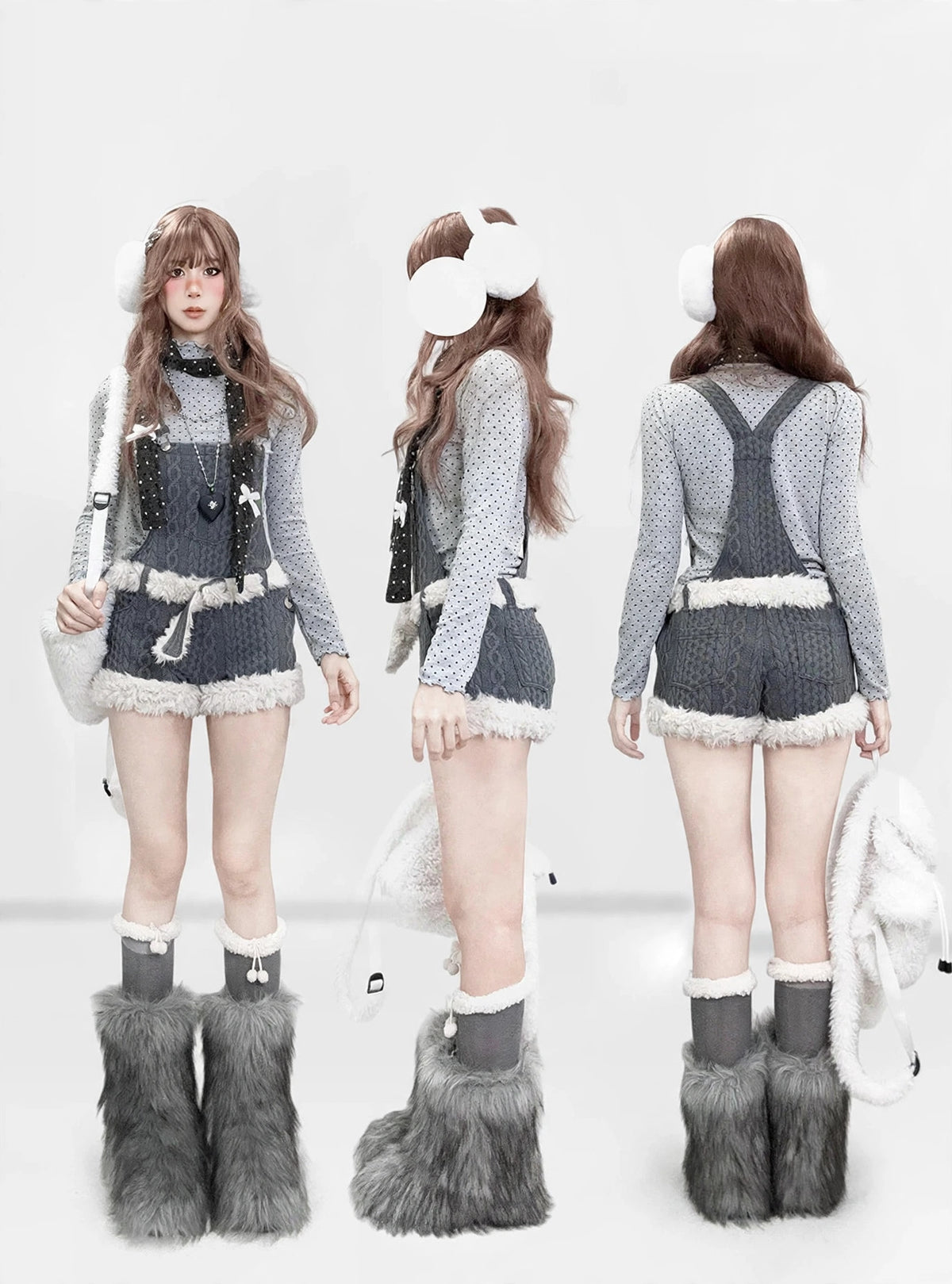 Gray Y2K furry knit shortalls set with polka dot turtleneck, product photo 9
