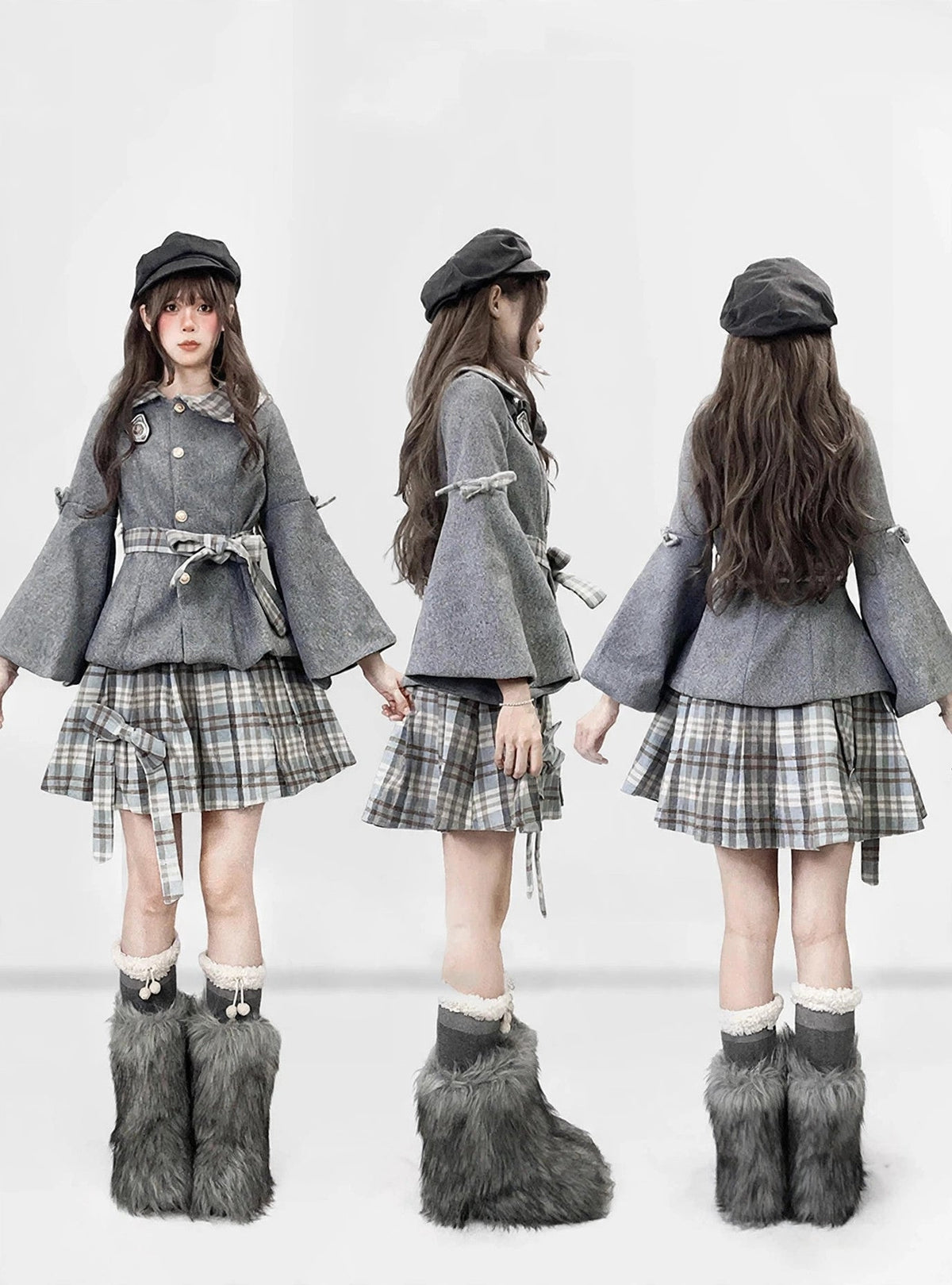 Gray plaid tweed jacket with pleated mini skirt, product photo 9