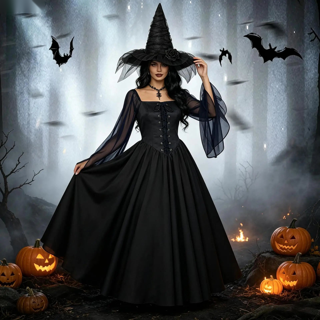 Dark witch Halloween dress with pointed witch hat, square neck and sheer bell sleeves, model standing among jack-o-lanterns and bats