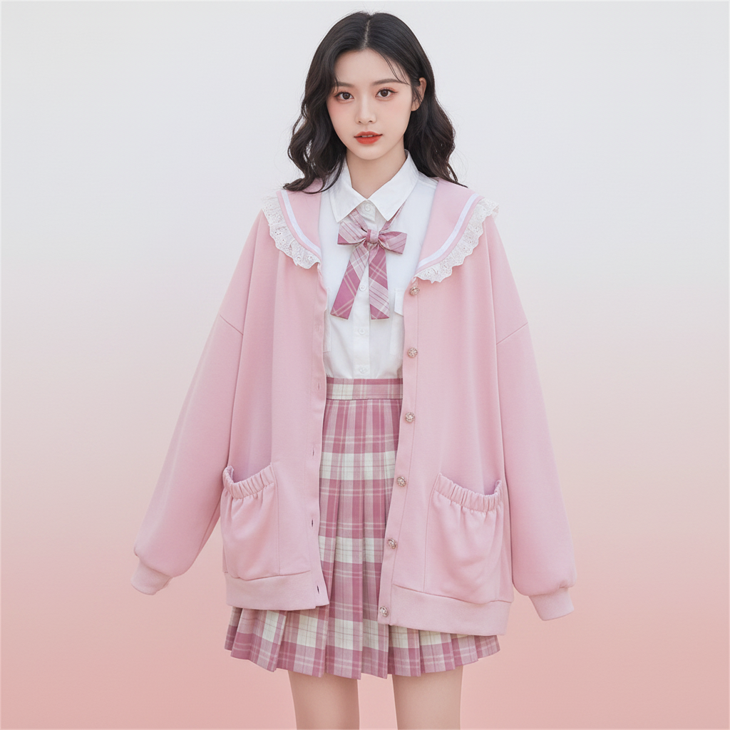 Autumn Sweet Women Hoodies Loose Hooded Sailor Collar Cute Lace Patchwork Female Zip Up Hoodies - Vusy Kawaii Shop