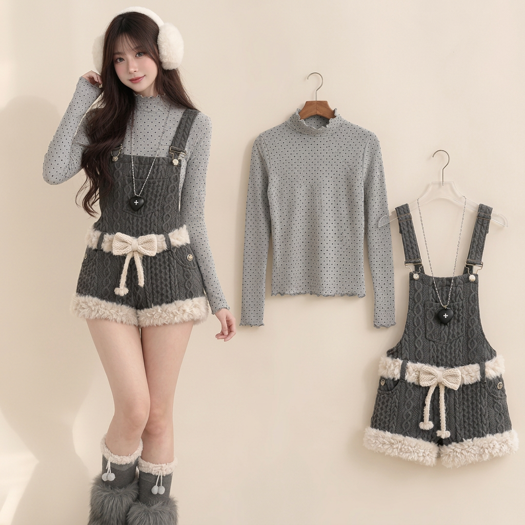Gray Y2K furry knit shortalls set with polka dot turtleneck, full outfit front view