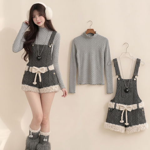 Gray Y2K furry knit shortalls set with polka dot turtleneck, full outfit front view