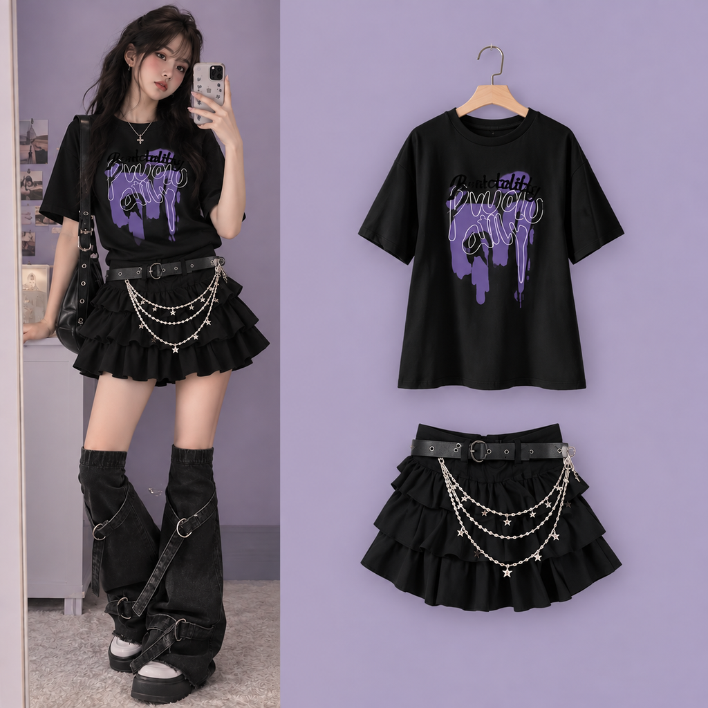 Damen Punk Karierter Rock-Set Schwarzer Minirock Kariertes Hemd