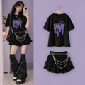 Damen Punk Karierter Rock-Set Schwarzer Minirock Kariertes Hemd